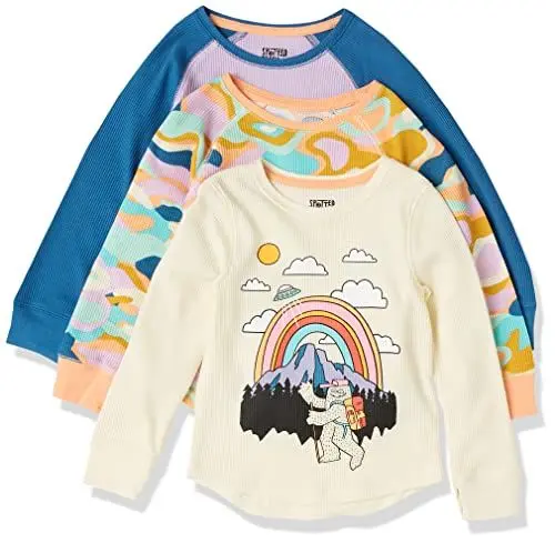 Produktbild: Amazon Essentials Mädchen Langärmeliges Strick-Thermo-T-Shirt (Früher Spotted Zebra), 3er-Pack, Monster/Tarnmuster, 9 Jahre