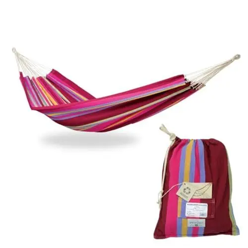 Produktbild: AMAZONAS Barbados - Klassische brasilianische XL Hängematte für 2 Personen | Handgefertigt, aus recycelten Materialien | Liegefläche 230x150cm | Belastbar bis 200 kg | Farbe: Grenadine