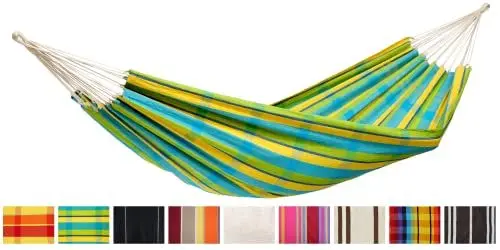 Produktbild: AMAZONAS Barbados - Klassische brasilianische XL Hängematte für 2 Personen | Handgefertigt, aus recycelten Materialien | Liegefläche 230x150cm | Belastbar bis 200 kg | Farbe: Lemon