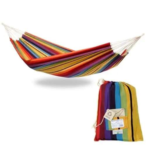 Produktbild: AMAZONAS Klassische Hängematte XL Barbados Rainbow handgefertigt in Brasilien bis 200 kg Belastbarkeit mit 230 x 150 cm für 1-2 Personen in Buntgestreift Gesamtlänge 340 cm