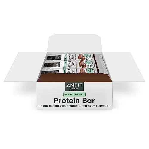Produktbild: Amazon-Marke: Amfit Nutrition Pflanzenproteinriegel mit Zuckerarm, dunkle Schokolade und Meersalz, 55g, 12er-Pack