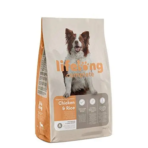 Produktbild: Amazon-Marke: Lifelong - Hundefutter für ausgewachsene Hunde (Adult) aller Rassen, Fein zubereitetes Trockenfutter reich an Huhn und Reis, 5 kg (1er-Pack)