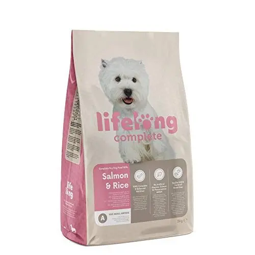 Produktbild: Amazon-Marke: Lifelong - Hundefutter für ausgewachsene Hunde (Adult) kleiner Rassen, Fein zubereitetes Trockenfutter mit Lachs und Reis, 3 kg (1er-Pack)
