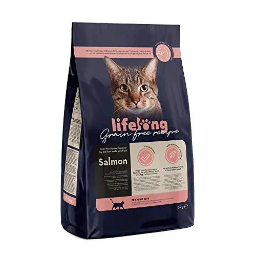 Produktbild: Amazon-Marke: Lifelong - Katzenfutter für ausgewachsene Katzen, Fein zubereitetes Trockenfutter mit frischem Lachs, Getreidefreie Rezeptur, 3 kg (1er-Pack)