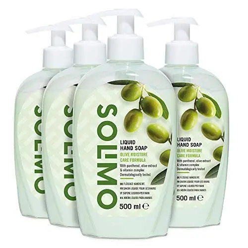 Produktbild: Amazon-Marke: Solimo Flüssige Handseife - Oliven-Feuchtigkeitspflegeformel- 4er-Pack (4 Flaschen x 500ml)