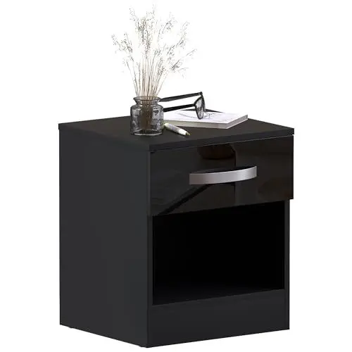 Produktbild: Vida Designs Hulio Hochglanz Nachttisch Schwarz, 1 Schublade mit Metallgriffen und -schienen, einzigartige Anti-Durchbiegungs-Schubladenstütze, Schlafzimmermöbel