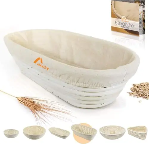 Produktbild: Amazy Gärkörbchen inkl. Anleitung mit Rezepten – Der ideale Gärkorb für Brotteig aus natürlichem Peddigrohr (oval | Ø 35 cm) – mit Leineneinsatz