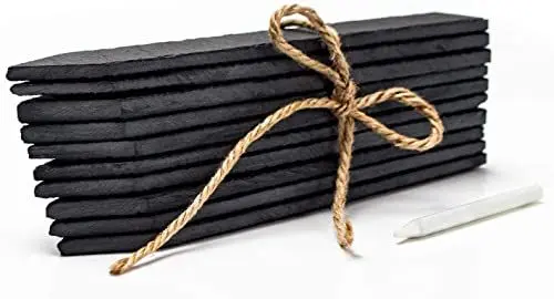 Produktbild: Amazy Schiefer Pflanzenschilder Set L (10 Stück) inkl. Kreidestift zum Beschriften – Der rostfreie Gartenstecker – Für individuelles Kennzeichnen von Pflanzen und Kräutern Plus Juteband (20 x 3 cm)