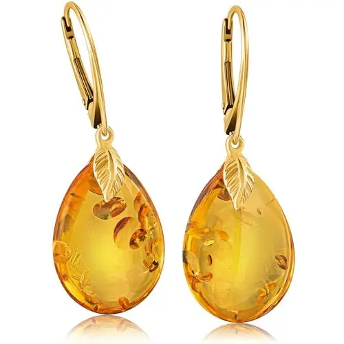 Produktbild: Amber by Mazukna - Bernstein Ohrringe - Eleganter Bernstein-Schmuck Hängend mit goldenem Fitting für Damen, Tropfenförmige Amber-Ohrringe, Damenschmuck