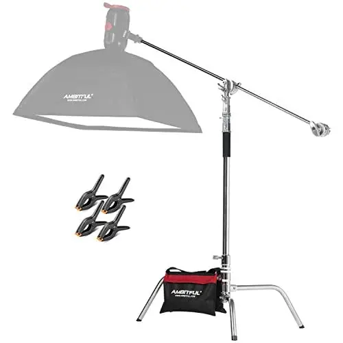 Produktbild: AMBITFUL Stainless Steel Heavy Duty C Stand with Boom Arm - Max Height 320cm/10.5ft Photography Light Stand with 128cm/4.2ft Holding Arm, 2 Grip Head for Studio Monolight, Softbox, Reflector
