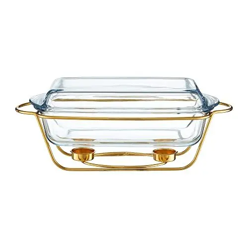 Produktbild: AMBITION Wärmebehälter für Speisen Saule 3,9 L Speisenwärmer Stövchen Servierschale Glasdeckel goldenes Gestell glamour Stil