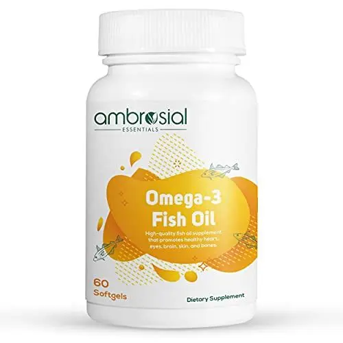 Produktbild: Ambrosial Omega 3 Fischöl | Reines Fischöl Omega 3 1000mg Kapseln mit 180mg EPA & 120mg DHA | Unterstützt Herz-, Gehirn- & Augengesundheit | 60 Softgelkapseln