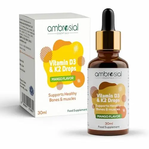 Produktbild: Ambrosial Vitamin D3 K2 Tropfen flüssiges Nahrungsergänzungsmittel für Erwachsene und Kinder | Mangogeschmack High Strength Vitamin D Liquid 500 IE & Vitamin K2 50 mcg PRO TROPFEN (Pack of 1-30 Ml)