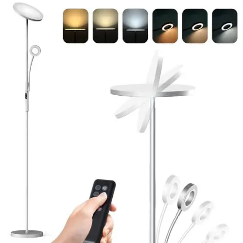 Produktbild: 35W Wohnzimmer Stehlampe 1,8m hoch in grau, LED Deckenfluter mit Leselampe & Fernbedienung, vier Einstellbare Farbtemperatur, Dimmbar, Einstellbare Winkel, Stehleuchte passend für jede Wohnung