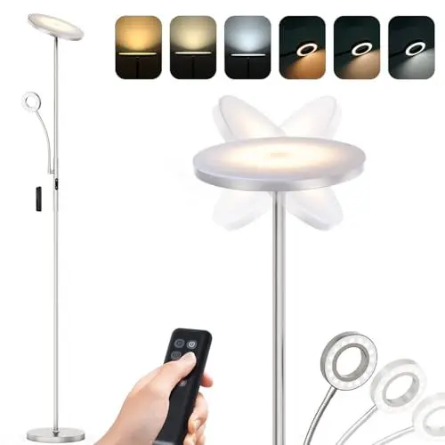 Produktbild: 35W Wohnzimmer Stehlampe 1,8m hoch in nickel, LED Deckenfluter mit Leselampe & Fernbedienung, vier Einstellbare Farbtemperatur, Dimmbar, Einstellbare Winkel, Stehleuchte passend für jede Wohnung