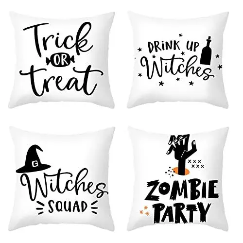 Produktbild: AMDXD 4 Pcs Halloween Kissenbezug Set 45x45cm, Dekokissen Halloween Trick or Treat Muster, in Polyester, für Zuhause Wohnzimmer Schlafzimmer Dekor, Schwarz Weiß
