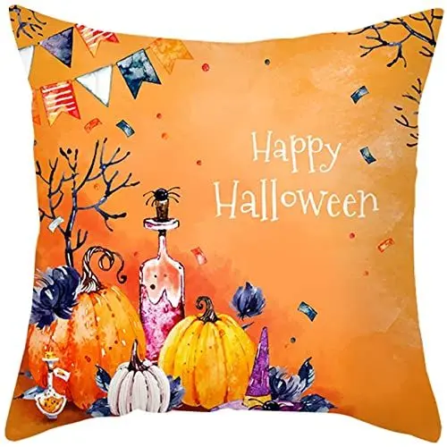 Produktbild: AMDXD Halloween Kissenbezug 45x45cm, Dekokissen Kürbis Happy Halloween Muster, in Polyester, für Zuhause Autos Wohnzimmer Schlafzimmer Dekor, Orange