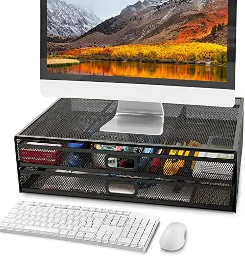 Produktbild: Ameco Monitor Stand Desk Organizer mit zwei Schubladen Elegante Loft-Stil Ordnung halten Büro Home Metallgitter Schwarz Abmessungen 400x300x120 m