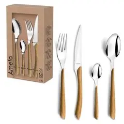 Produktbild: Amefa ECLAT Besteck Set NATURE Braun Holz Essbesteck 24-teilig für 6 Personen Edelstahl rostfrei Kunststoff-Griffschalen in Holzoptik spülmaschinenfest Besteck Set 6 Personen