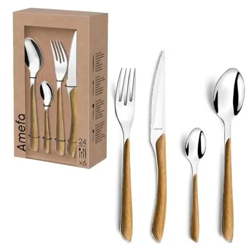 Produktbild: Amefa ECLAT Besteck Set NATURE Braun Holz Essbesteck 24-teilig für 6 Personen Edelstahl rostfrei Kunststoff-Griffschalen in Holzoptik spülmaschinenfest Besteck Set 6 Personen