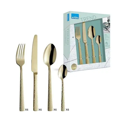 Produktbild: Amefa PVD Besteck Set Felicity Champagner 24-teiliges Essbesteck Set Für 6 Personen 18/0 Edelstahl 13/0 Klingenstahl Gehämmerter Griff Mit Messer Gabel Löffel & Kaffeelöffel 3319ZVTR24C40