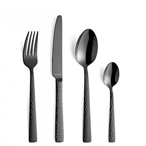 Produktbild: Amefa PVD Besteck Set Felicity, Schwarzes Besteck, 24-teiliges Besteck Schwarz, Für 6 Personen, 18/0 Edelstahl, 13/0 Klingenstahl, Gehämmerter Griff, Mit Messer, Gabel, Löffel & Kaffeelöffel
