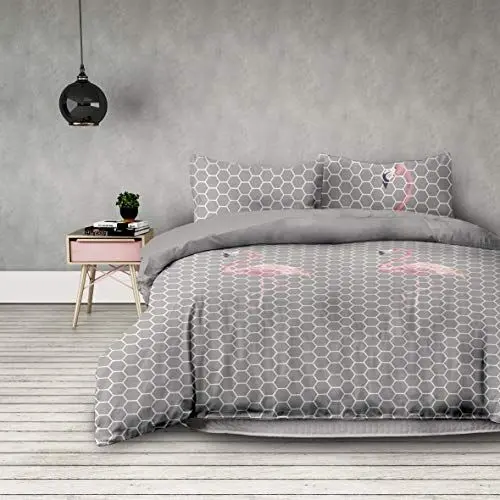 Produktbild: AmeliaHome 2tlg Bettwäsche 135x200 cm mit 1 Kopfkissenbezug 50x75 cm geometrisches Muster Microfaser Reißverschluss Basic Collection Flamingo Light grau rosa