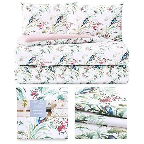 Produktbild: AmeliaHome 3tlg Bettwäsche 200x200 cm mit 2 Kissenbezügen 80x80 cm 100% Baumwolle Reißverschluss Averi Pflanzenmuster Eisvogel Kingfisher