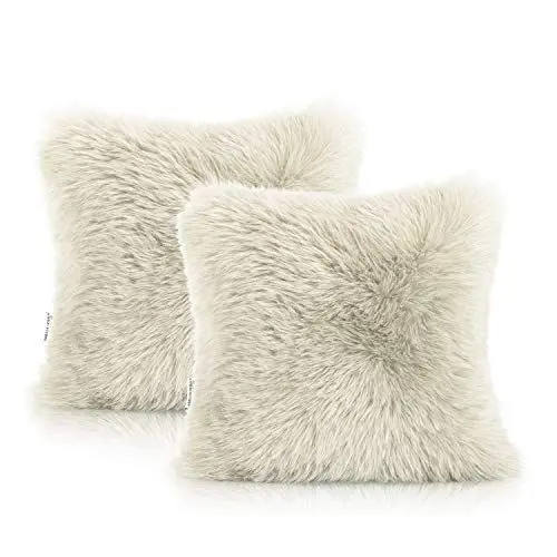 Produktbild: AmeliaHome Kissenbezüge Lammfell Kunstfell 2er Set Kissenbezug Deko Kissenhülle 45 x 45 cm Dokka Beige
