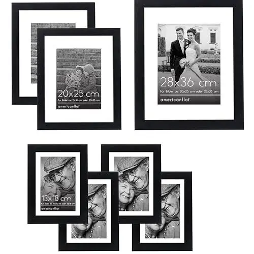 Produktbild: Americanflat 7er Pack Bilderrahmen Set Schwarz - Enthält einen Rahmen 28x36cm, zwei Rahmen 20x25cm & vier Rahmen 13x18cm - Wanddekoration mit Bruchsicherem Glas und Aufhängevorrichtung