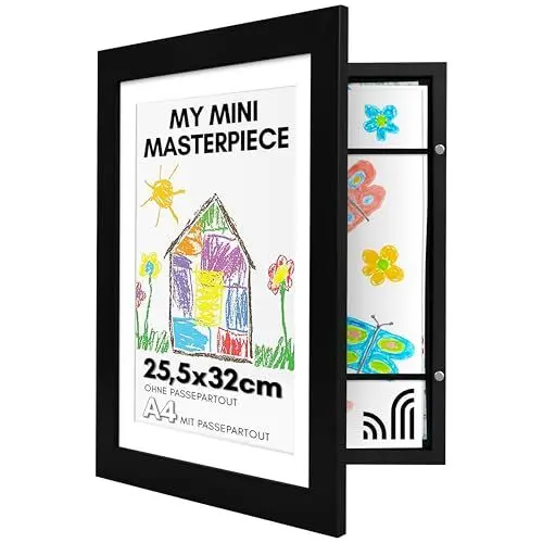 Produktbild: Americanflat A4 Bilderrahmen für Kinderzeichnungen in Schwarz - Zeigt 22x28 mit Passepartout & 25x32 ohne Passepartout - Verbundholz mit Bruchsicherem Glas - Horizontale & Vertikale Versionen