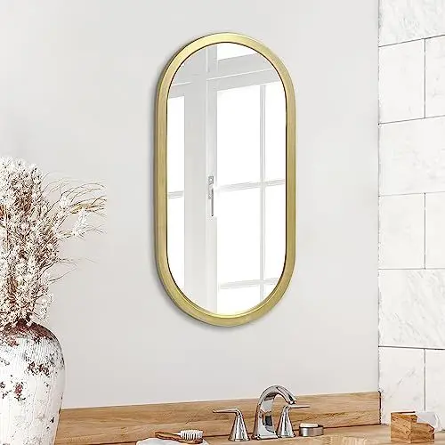 Produktbild: Americanflat Spiegel Oval 30x61 cm - Großer Spiegel mit Plastikrahmen für Badezimmer, Wohnzimmer Oder Schlafzimmer - Goldener Wandspiegel mit Abgerundetem Rahmen