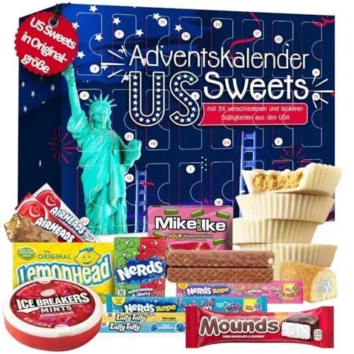 Produktbild: US Sweets Adventskalender 2024 mit 24 Überraschungen in süß & sauer, inkl. amerikanische Süßigkeiten Klassikern wie Laffy Taffy, Lemonhead u.v.m.