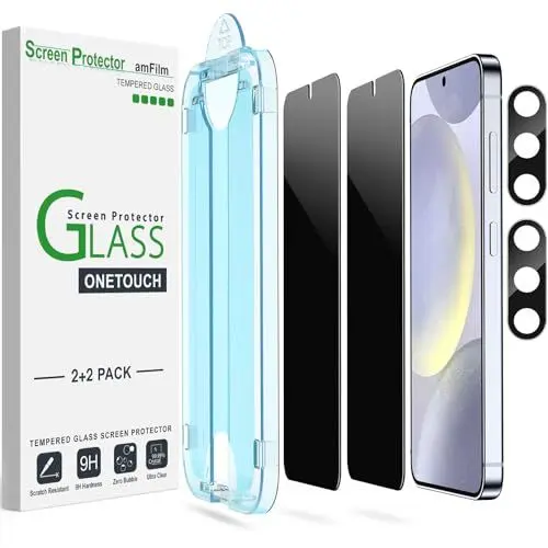 Produktbild: amFilm 2+2 Stück Sichtschutz Schutzfolie für Samsung Galaxy S24 PLUS 5G mit Kamera-Objektivschutz (Anti Spy and Privacy Protection) HD Clear mit Easy Installation Tray