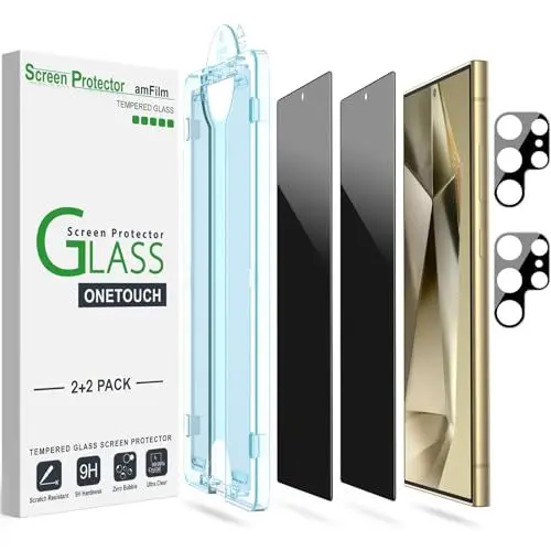 Produktbild: amFilm 2+2 Stück Sichtschutz Schutzfolie für Samsung Galaxy S24 Ultra 5G mit Kamera-Objektivschutz (Anti Spy and Privacy Protection) HD Clear mit Easy Installation Tray
