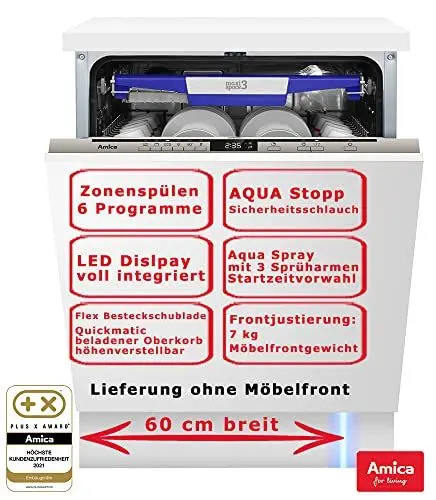 Produktbild: Amica Einbau Geschirrspüler 60cm vollintegriert AquaStopp Aqua Spray Zonenspülen, Startzeitvorwahl, Spülmaschine EGSPV 594 910