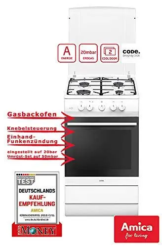 Produktbild: Amica SHGG 11560 W Herd-Kochfeld-Kombination / 58 L/Gaskochfeld Auf Flüssiggas 50 M Bar Eingestellt, Umrüstbar Auf Erdgas 20 M Bar