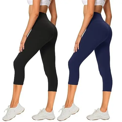 Produktbild: AMIYOYO 2er Pack Leggings Damen 3/4 High Waist Capri Leggins Blickdicht Kurze Sporthose Elastische Bauchweg Hosen für Yoga Fitness Outdoor Freizeit(Capri Leggings-Schwarz+Dunkelblau,S-M=DE34-40)