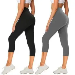 Produktbild: AMIYOYO 2er Pack Leggings Damen 3/4 High Waist Capri Leggins Blickdicht Kurze Sporthose Elastische Bauchweg Hosen für Yoga Fitness Outdoor&Freizeit(Schwarz+Dunkelgrau,S-M=DE34-40)