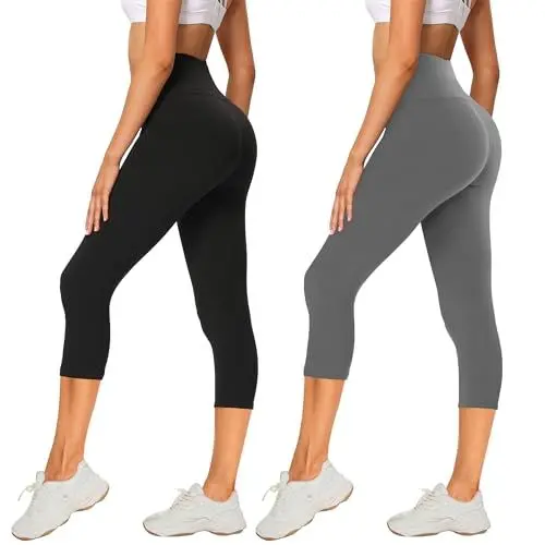 Produktbild: AMIYOYO 2er Pack Leggings Damen 3/4 High Waist Capri Leggins Blickdicht Kurze Sporthose Elastische Bauchweg Hosen für Yoga Fitness Outdoor&Freizeit(Schwarz+Dunkelgrau,S-M=DE34-40)