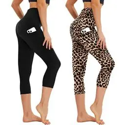 Produktbild: AMIYOYO Capri Leggings Damen mit Taschen 3/4 Sport Leggins High Waist Sporthose Blickdicht Elastisch 7/8 Yoga Hose Fitness Laufen für Outdoor 2er Pack(Schwarz+Leopardenmuster,L-XL=DE42-48)