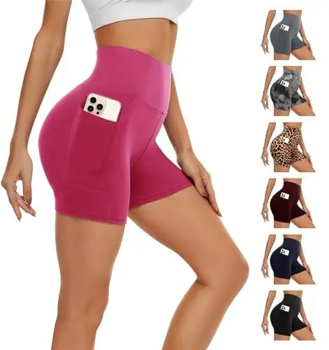 Produktbild: AMIYOYO Kurze Sporthose Damen mit Handytasche High Waist Radlerhose Blickdicht Sport Shorts Kurze Leggings Bauchweg Unterhosen Yoga Gym für Sommer(Rot,S-M=DE34-40)