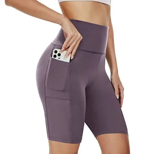 Produktbild: AMIYOYO Radlerhose Damen mit Taschen High Waist Sporthose Kurze Leggings Blickdicht Sportshorts Dehnbar Hotpants Bequem für Sommer Yoga Fitness Gym(Violett,S-M=DE34-40)