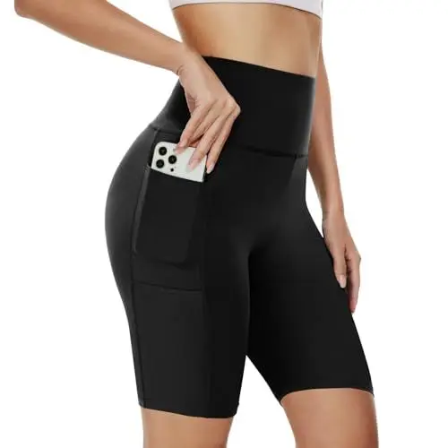 Produktbild: AMIYOYO Radlerhose Damen mit Taschen High Waist Sporthose Kurze Leggings Blickdicht Sportshorts Dehnbar Hotpants Bequem für Sommer Yoga Fitness Gym(A-Schwarz,L-XL=DE42-48)