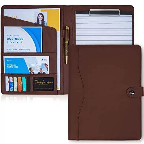 Produktbild: AMKSONS Schreibmappe A4 in Braun inklusive Klemmbrett & DIN A4 Notizblock - Premium Konferenzmappe aus PU-Leder mit Dokumentenfächern, Stiftehalter, Klappdeckel und Magnetverschluss