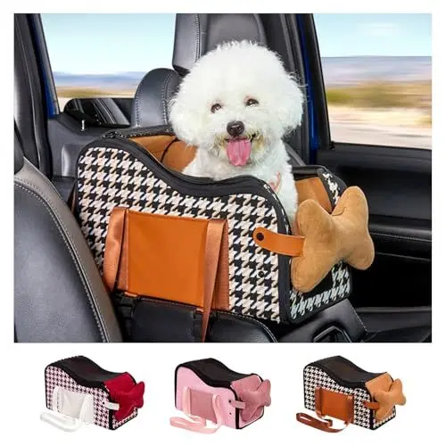Produktbild: Amoilly Hundeautositz, Mittelkonsole Welpen-Autositz, Katzenerhöhung für Auto, schmutzabweisende, tragbare Haustier-Tragetasche für den Außenbereich, mit Gurten und Matte (Kaffee)