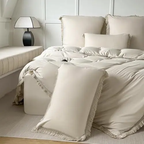 Produktbild: Amolavet Bettwäsche 135x200 Sommer 2teilig Set Beige Boho Quasten Design aus Gebürstetem Mikrofaser Sommerbettwäsche 135x200 Bettbezug 135 X 200 + Kissenbezüg 80x80 Mit Reißverschluss für Einzelbett