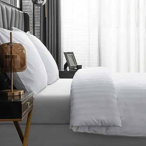 Produktbild: Amolavet Hotel Bettwäsche 200x200 Baumwolle Weiß 3teilig Set Bettwäsche 200x200 Mako Satin Baumwolle Damast Streifen Weiss mit Reißverschluss für Ganzjährig