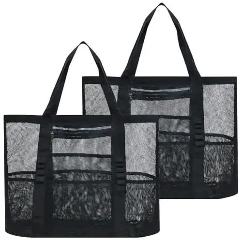 Produktbild: Amonsen Große Netz-Strandtasche mit 8 separaten Taschen, Netz-Aufbewahrungstasche für Strandurlaub, gut für Sllipers, Handtücher, Sonnencreme, Getränke, Schwarz, 2 Stück, XL