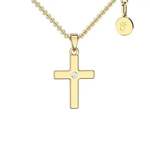 Produktbild: Amoonìc Kreuz Kette Mädchen Gold (Silber 925 vergoldet) | Kreuz-Anhänger Halskette | Kinder-Schmuck Erst-Kommunion Tauf-Geschenk Konfirmation Firmung Geburt Taufe | Etui-Gravur Ich bin immer bei Dir